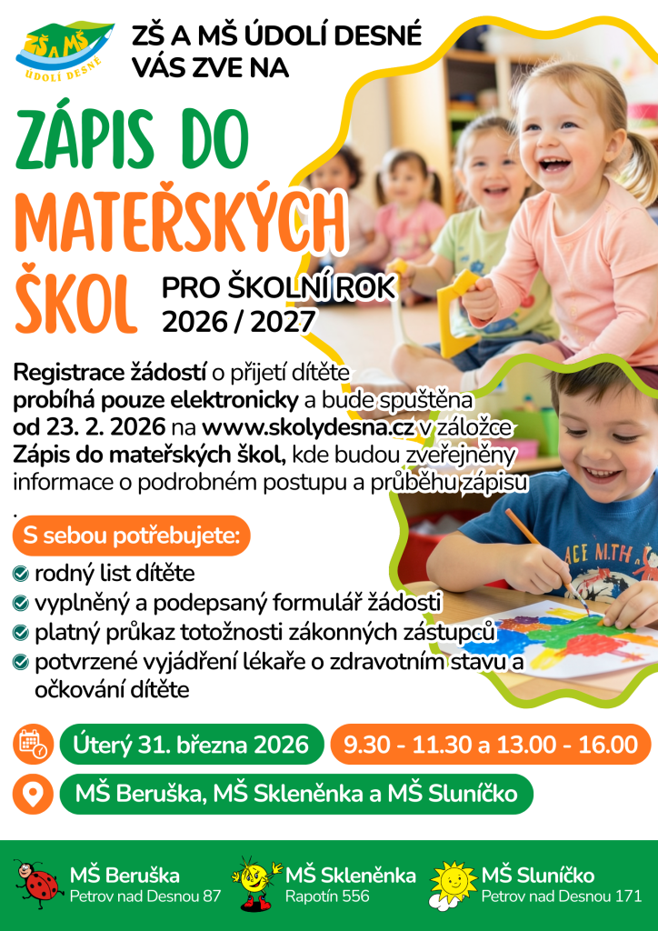 Zápis do&nbsp;MŠ Údolí Desné - 2026/2027